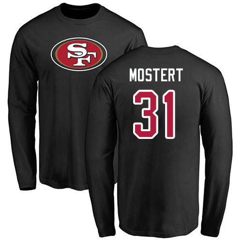 Men San Francisco 49ers Black Raheem Mostert Name and Number Logo #31 Long Sleeve NFL T Shirt